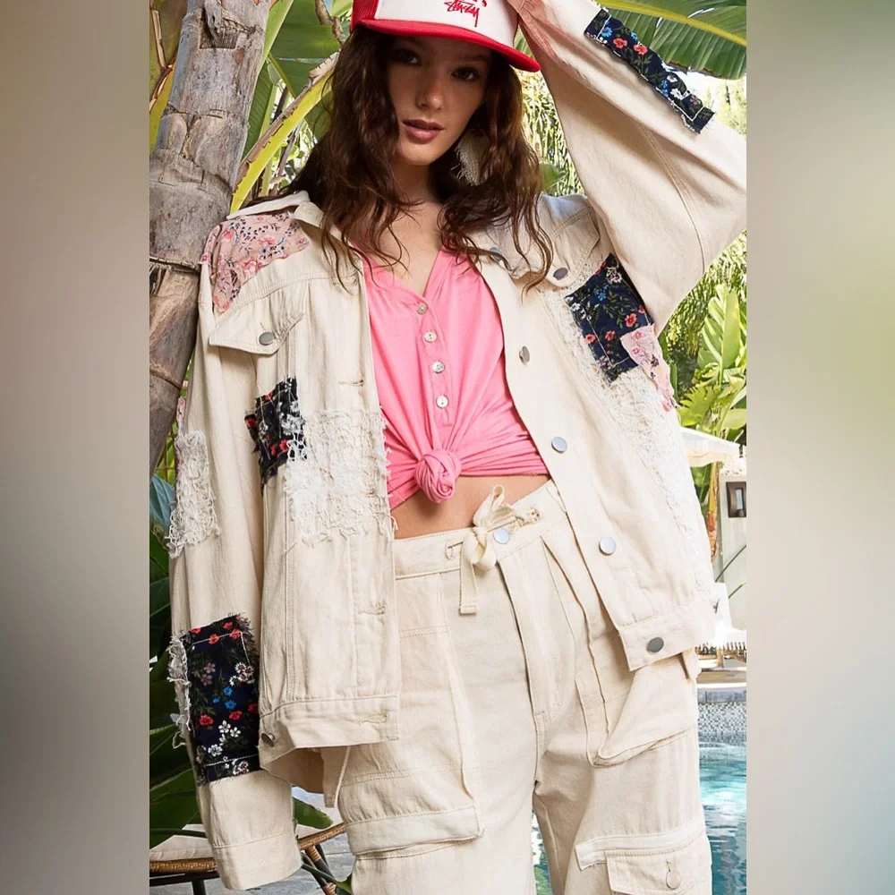 #25 New! Pol Boho Patched Oversized Denim Jacket - Picture 4 of 5